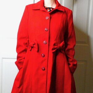 Red Coat Size 8 Lined Buttons & Bows Rare Warm Miss Selfridges Stylish *Flaw